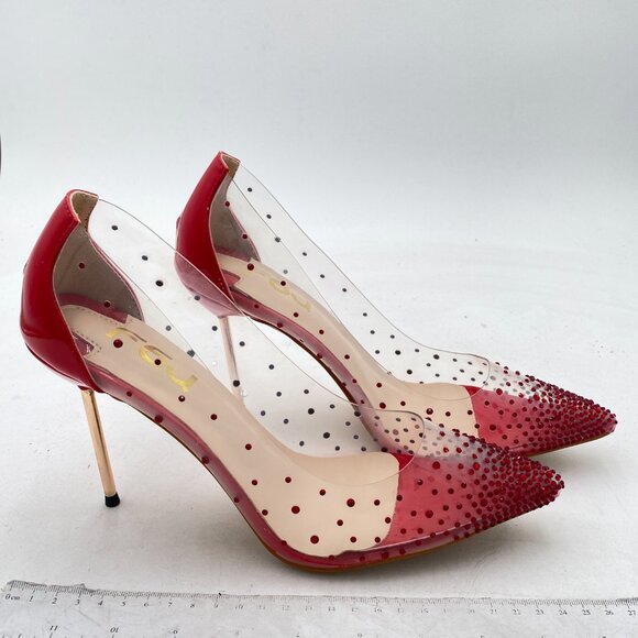 FSJ Red Studded Pointed Toe Transparent Pumps High Heels Shoes - Picture 4 of 8